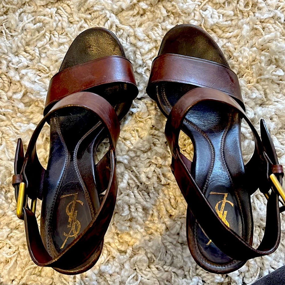 YSL brown leather and calf skin leopard print heel